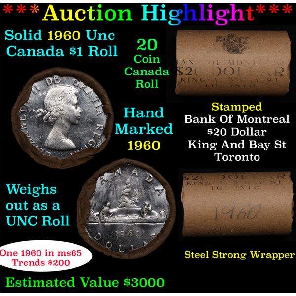 ***Auction Highlight*** Full Roll of Silver 1960 Canadian Dollar with Queen Elizabeth II, 20 Coins i