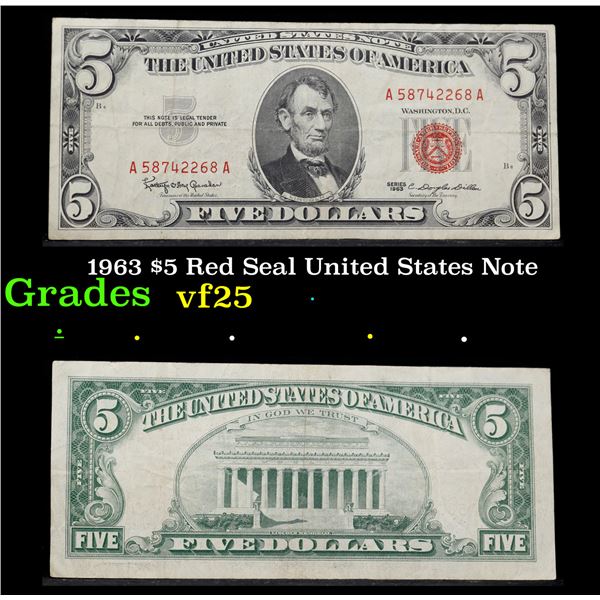 1963 $5 Red Seal United States Note Grades vf+