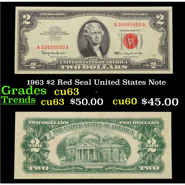 1963 $2 Red Seal United States Note Grades Select CU