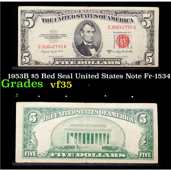 1953B $5 Red Seal United States Note Fr-1534 Grades vf++
