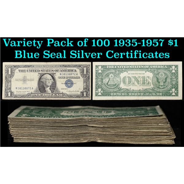 Variety Pack of 100 1935-1957 $1 Blue Seal Silver Certificates Grades ng