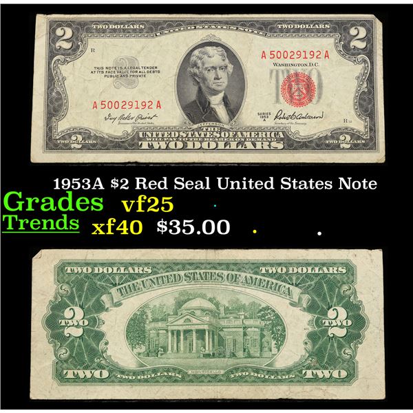 1953A $2 Red Seal United States Note Grades vf+
