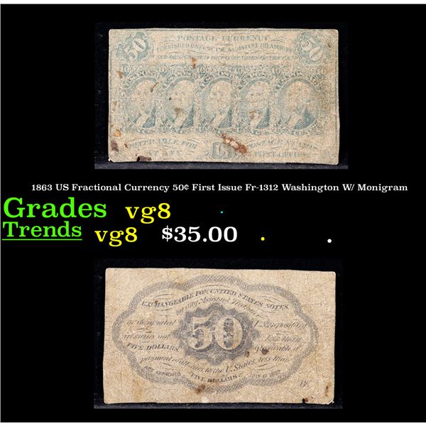 1863 US Fractional Currency 50¢ First Issue Fr-1312 Washington W/ Monigram Grades vg, very good