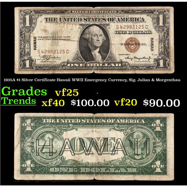 1935A $1 Silver Certificate Hawaii WWII Emergency Currency, Sig. Julian & Morgenthau Grades vf+