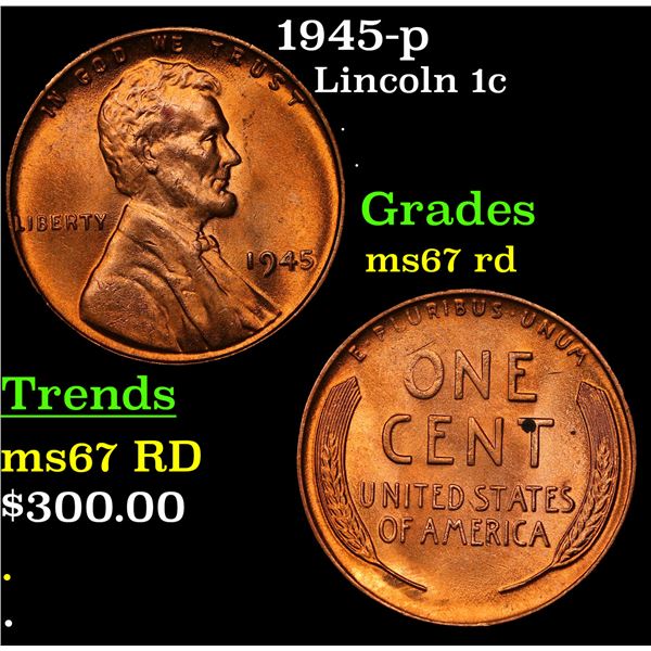 1945-p Lincoln Cent 1c Grades GEM++ Unc RD