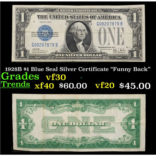 1928B $1 Blue Seal Silver Certificate "Funny Back" Grades vf++
