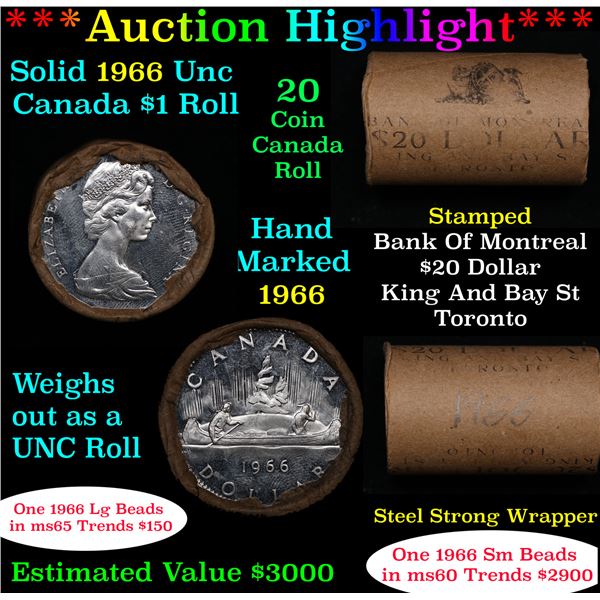 ***Auction Highlight*** Full Roll of Silver 1966 Canadian Dollar with Queen Elizabeth II, 20 Coins i