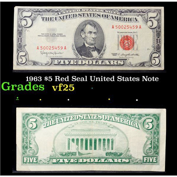 1963 $5 Red Seal United States Note Grades vf+