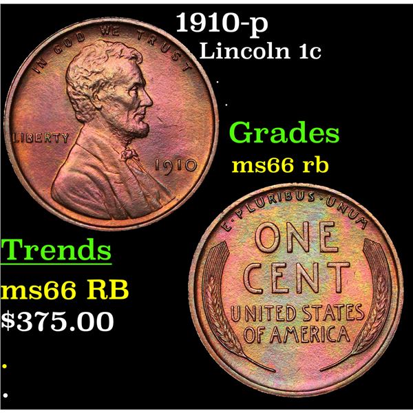 1910-p Lincoln Cent 1c Grades GEM+ Unc RB