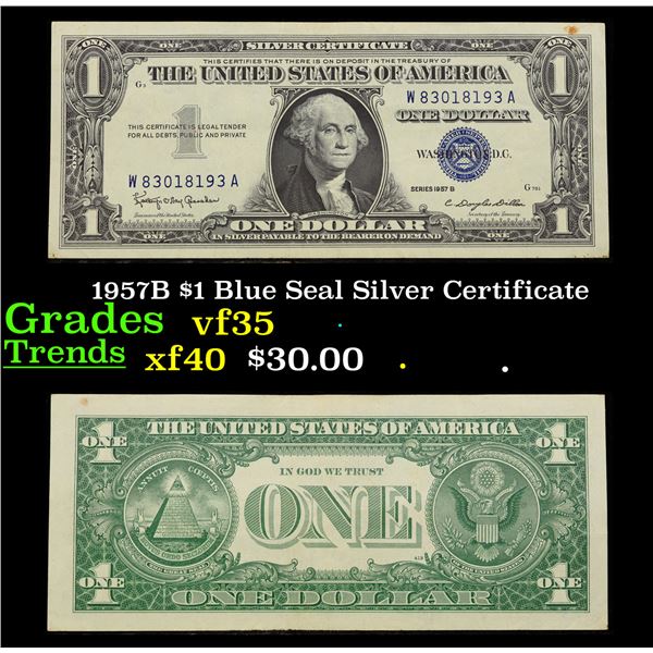 1957B $1 Blue Seal Silver Certificate Grades vf++