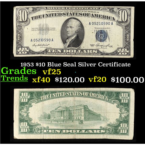 1953 $10 Blue Seal Silver Certificate Grades vf+