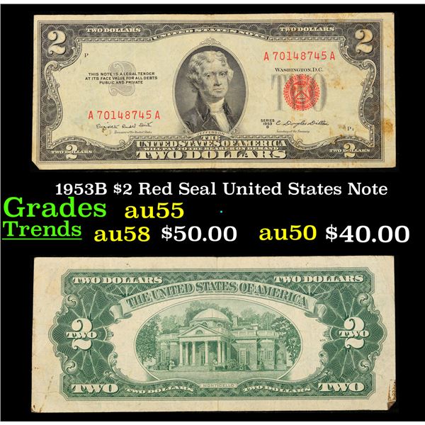 1953B $2 Red Seal United States Note Grades Choice AU