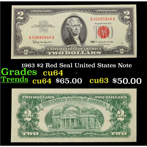 1963 $2 Red Seal United States Note Grades Choice CU