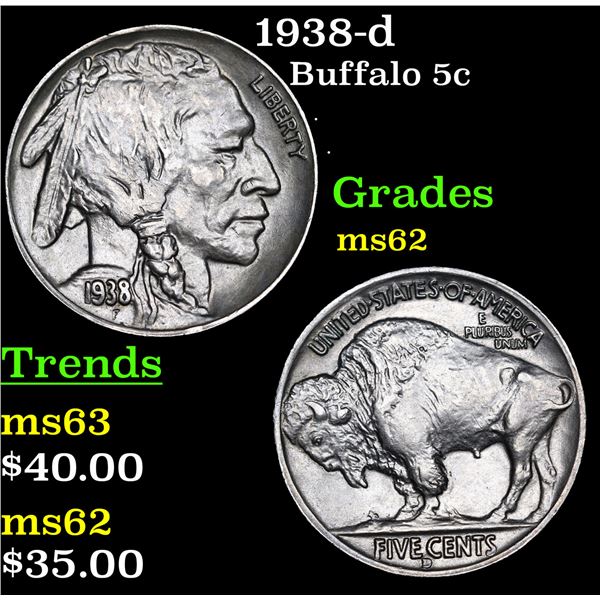 1938-d Buffalo Nickel 5c Grades Select Unc