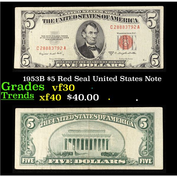 1953B $5 Red Seal United States Note Grades vf++