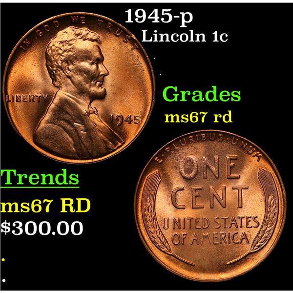 1945-p Lincoln Cent 1c Grades GEM++ Unc RD