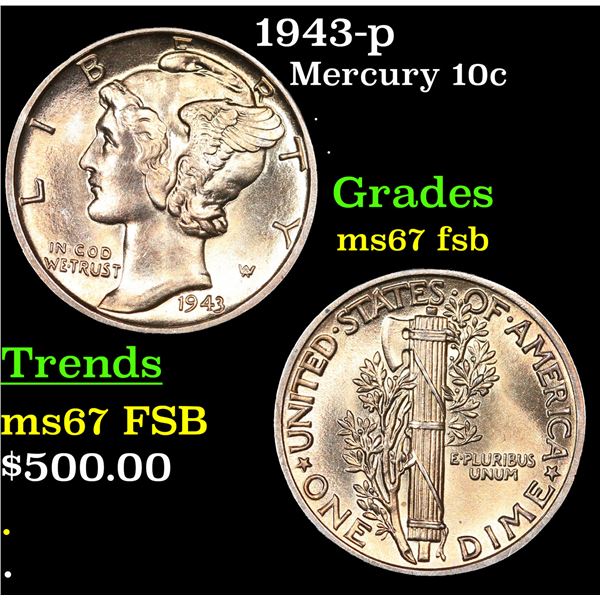 1943-p Mercury Dime 10c Grades GEM++ FSB