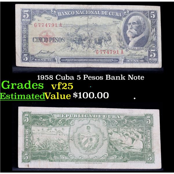 1958 Cuba 5 Pesos Bank Note Grades vf+