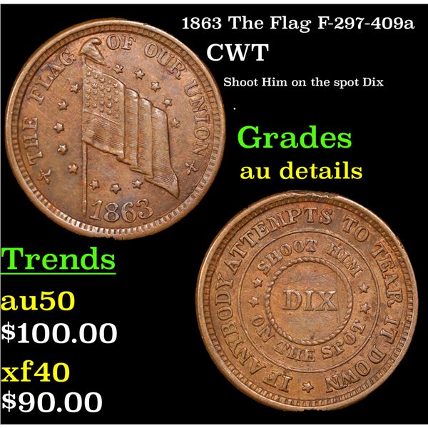 1863 The Flag Civil War Token F-297-409a 1c Grades AU Details