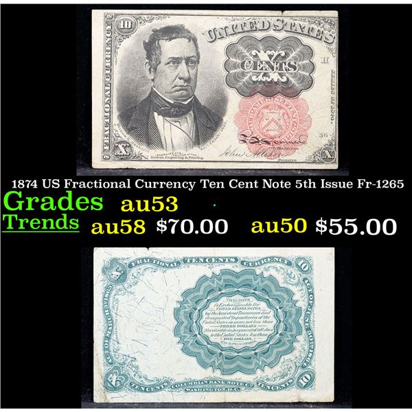 1874 US Fractional Currency Ten Cent Note 5th Issue Fr-1265 Grades Select AU