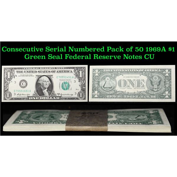 Consecutive Serial Numbered Pack of 50 1969A $1 Green Seal Federal Reserve Notes Grades cu