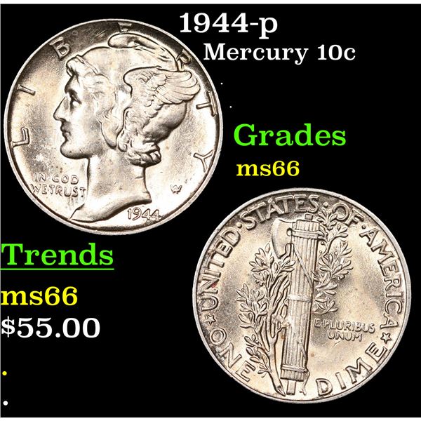 1944-p Mercury Dime 10c Grades GEM+ Unc