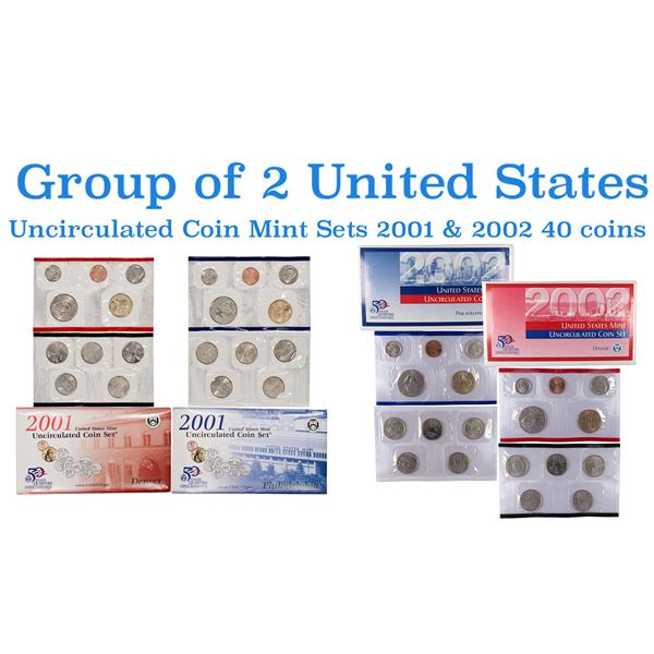Group of 2 United States Mint Set in Original Government Packaging! From 2001-2002 with 40 Coins Ins