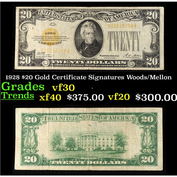 1928 $20 Gold Certificate Signatures Woods/Mellon Grades vf++