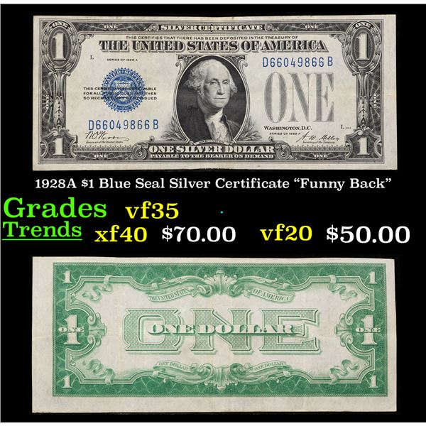 1928A $1 Blue Seal Silver Certificate "Funny Back" Grades vf++