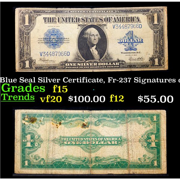 1923 $1 Large Size Blue Seal Silver Certificate, Fr-237 Signatures of Speelman & White Grades f+
