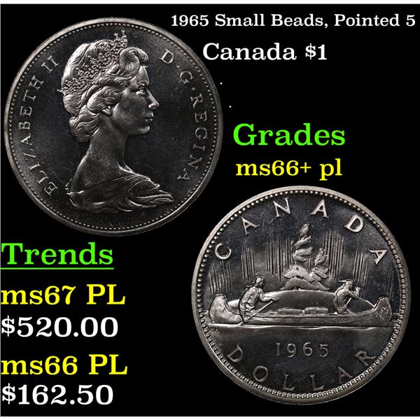 1965 Small Beads, Pointed 5 Canada Dollar $1 Grades GEM++ PL