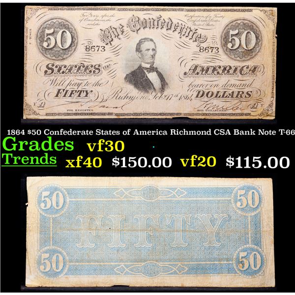 1864 $50 Confederate States of America Richmond CSA Bank Note T-66 Grades vf++