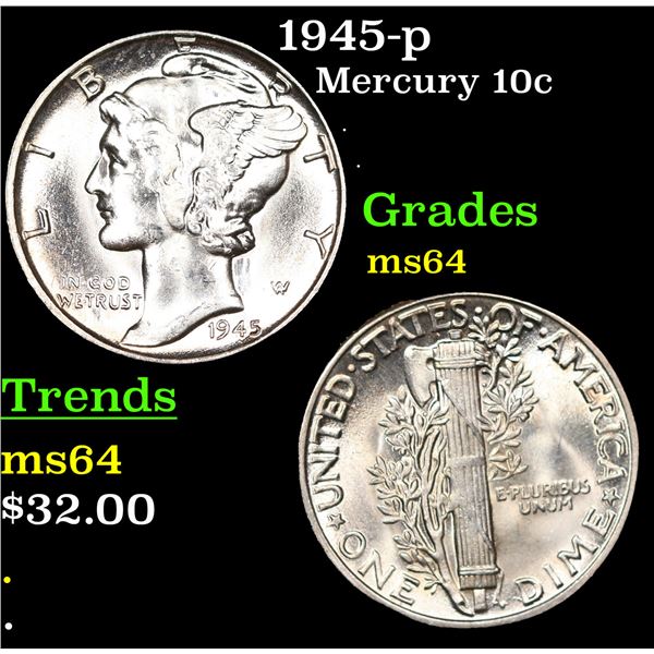 1945-p Mercury Dime 10c Grades Choice Unc