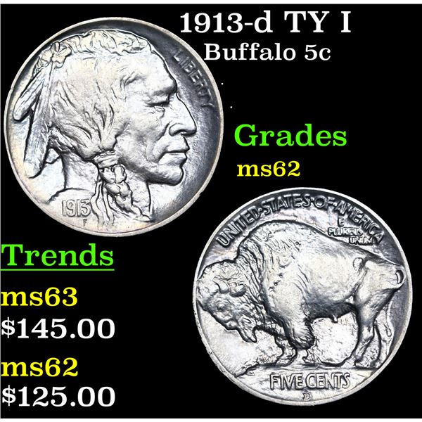 1913-d TY I Buffalo Nickel 5c Grades Select Unc