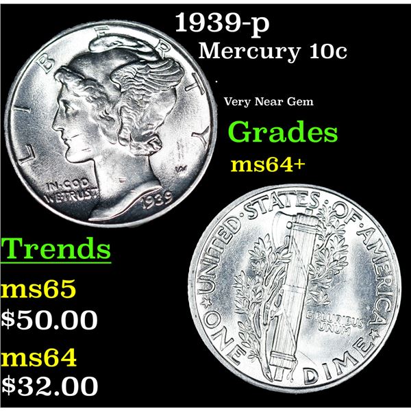 1939-p Mercury Dime 10c Grades Choice+ Unc