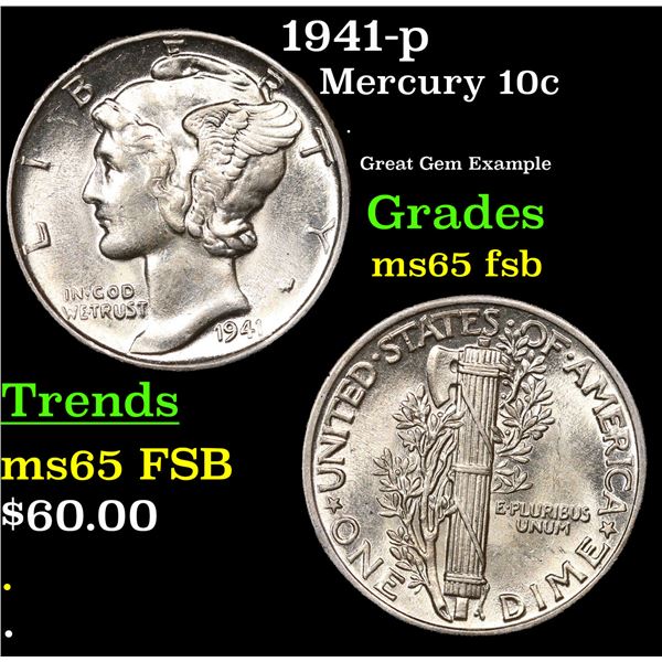 1941-p Mercury Dime 10c Grades GEM FSB