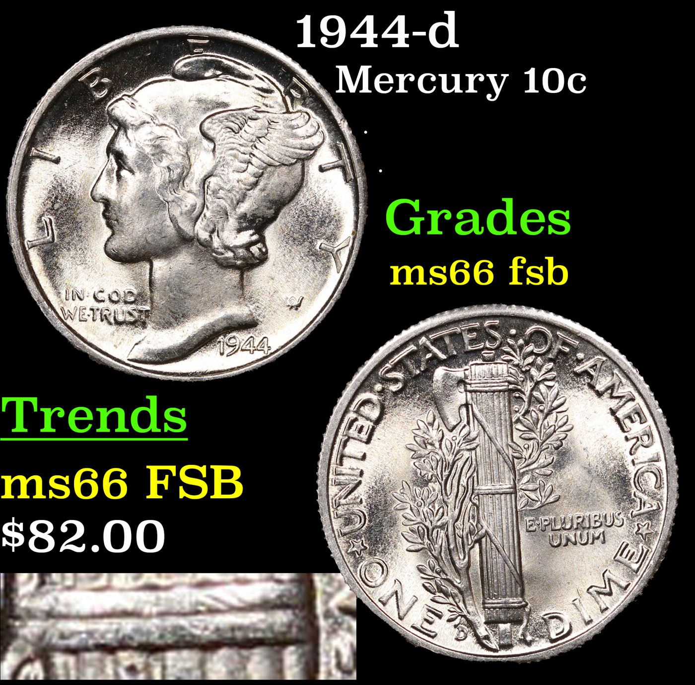 1944d Mercury Dime 10c Grades GEM+ FSB
