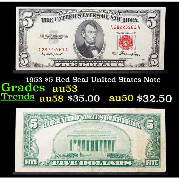 1953 $5 Red Seal United States Note Grades Select AU