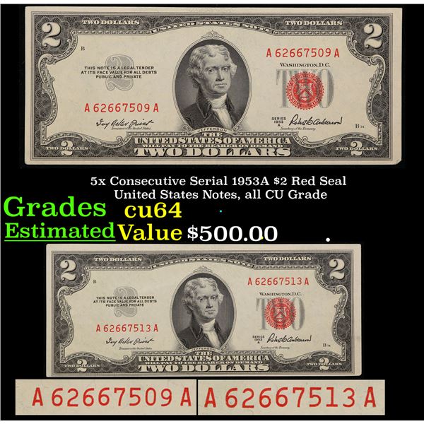 5x Consecutive Serial 1953A $2 Red Seal United States Notes, all CU Grade Grades Choice CU