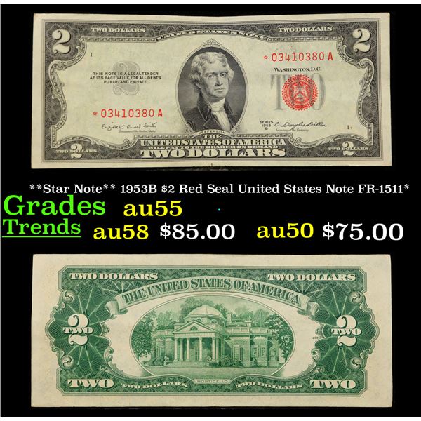 **Star Note** 1953B $2 Red Seal United States Note FR-1511* Grades Choice AU