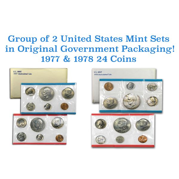 Group of 2 United States Mint Set in Original Government Packaging! From 1977-1978 with 24 Coins Ins