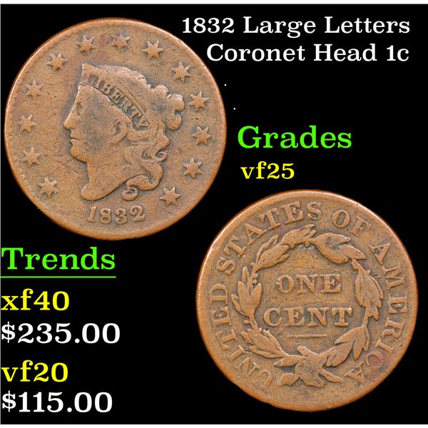 1832 Large Letters Coronet Head Large Cent 1c Grades vf+