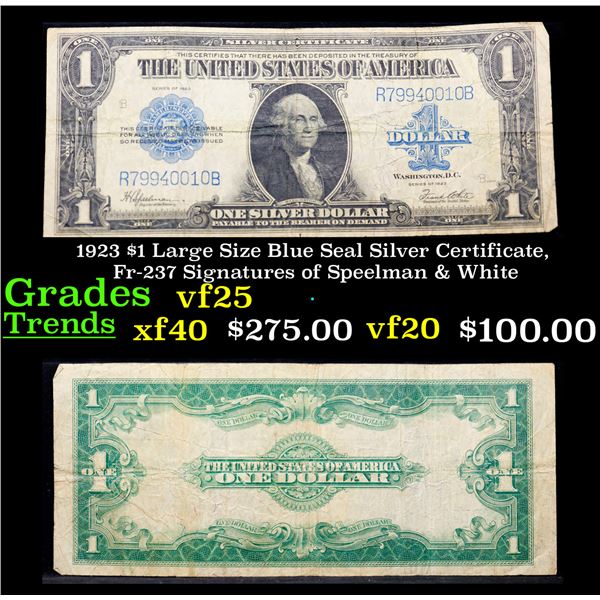 1923 $1 Large Size Blue Seal Silver Certificate, Fr-237 Signatures of Speelman & White Grades vf+