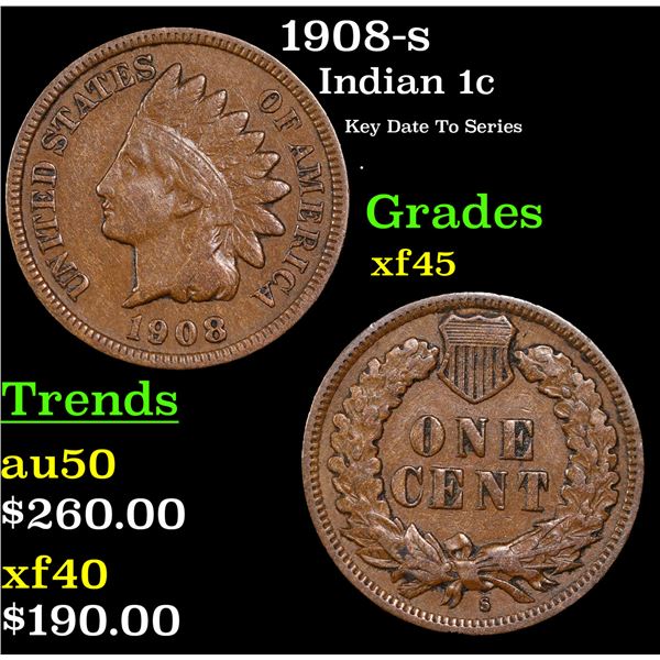 1908-s Indian Cent 1c Grades xf+