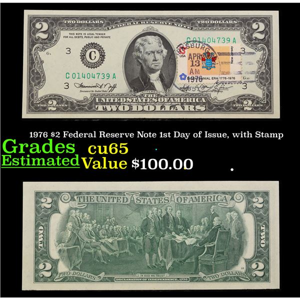 1976 $2 Federal Reserve Note 1st Day of Issue, with Stamp Grades Gem CU