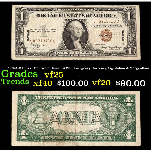 1935A $1 Silver Certificate Hawaii WWII Emergency Currency, Sig. Julian & Morgenthau Grades vf+