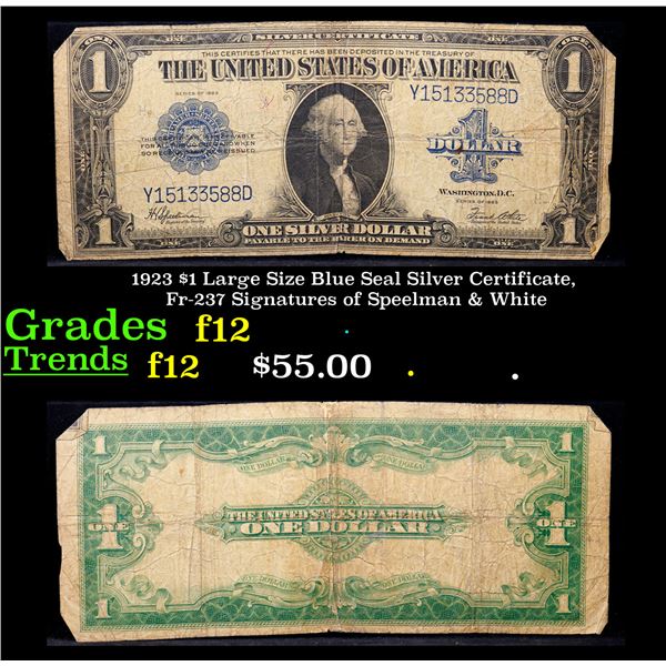 1923 $1 Large Size Blue Seal Silver Certificate, Fr-237 Signatures of Speelman & White Grades f, fin