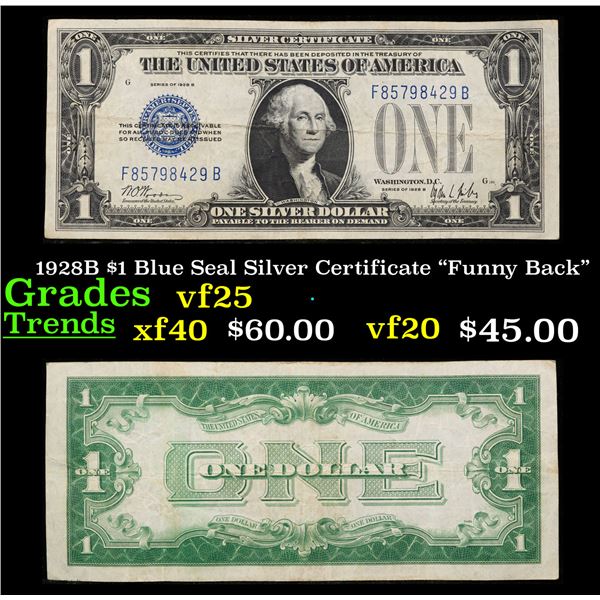 1928B $1 Blue Seal Silver Certificate "Funny Back" Grades vf+
