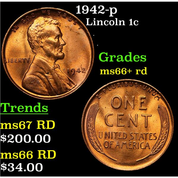1942-p Lincoln Cent 1c Grades GEM++ RD