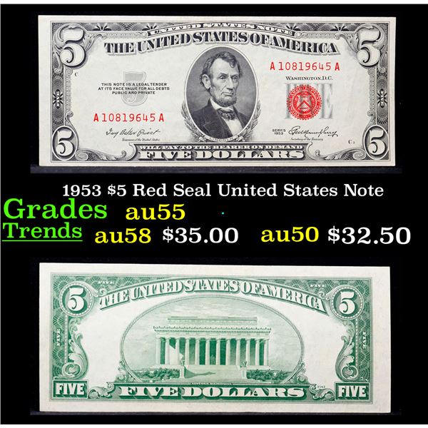 1953 $5 Red Seal United States Note Grades Choice AU